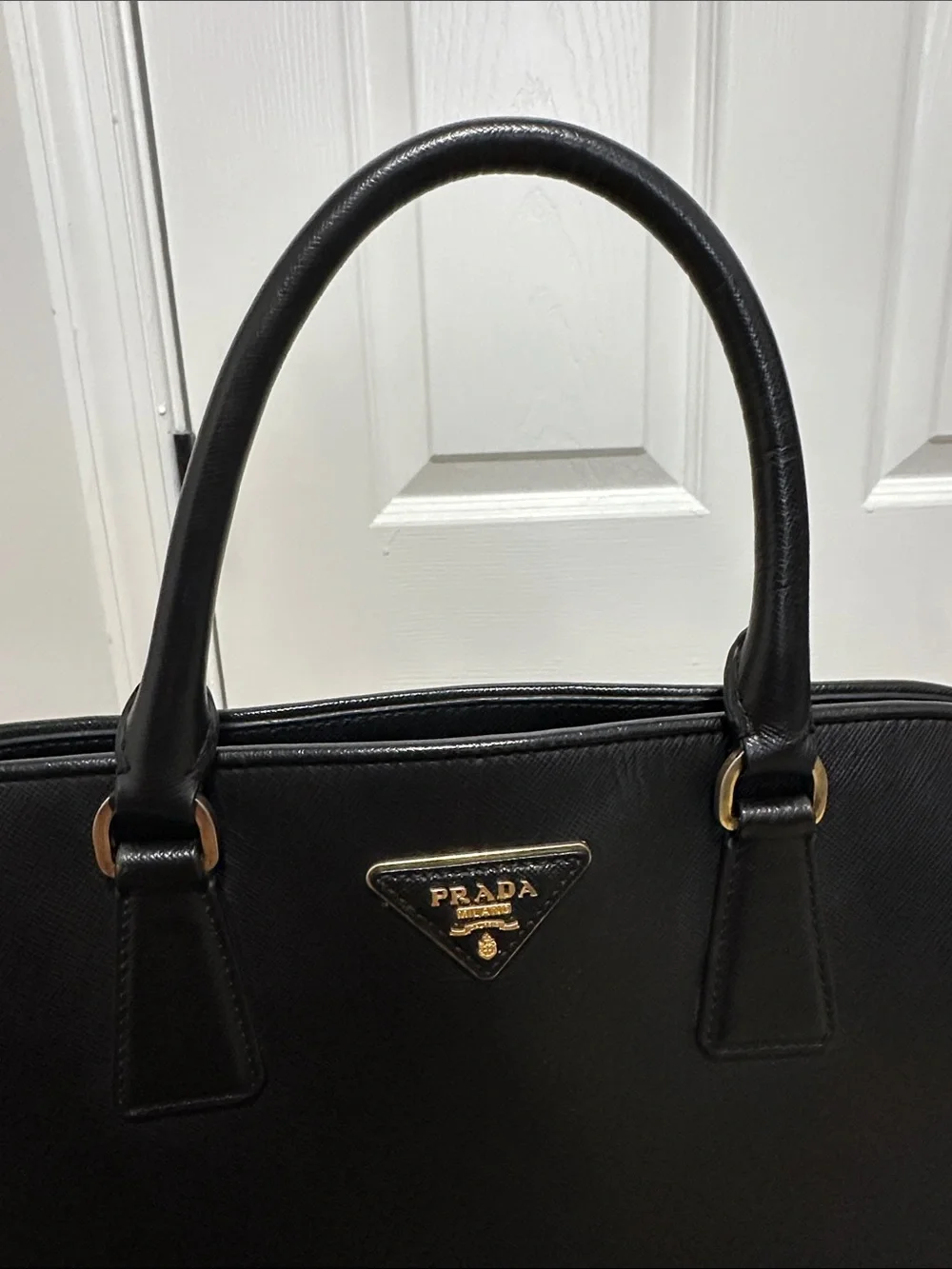 Prada Black Saffiano Leather Promenade Dome Satchel Handbag with Gold Hardware